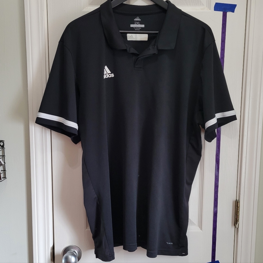 Adidas Men's Black Polo Shirt with White Sleeve Stripes